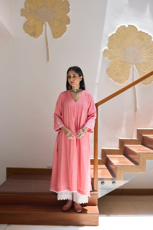 PINTUCKS BACK YOKE KURTA - PINK CO-ORD SET (2PC SET)