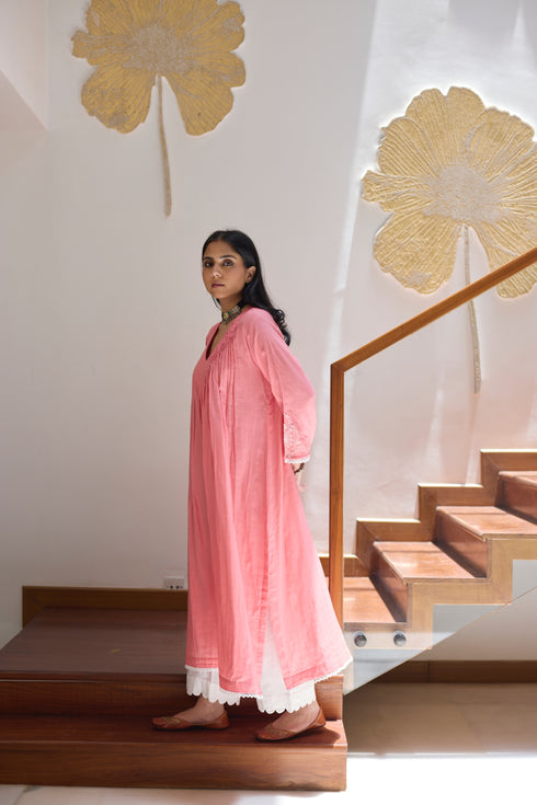 PINTUCKS BACK YOKE KURTA - PINK CO-ORD SET (2PC SET)