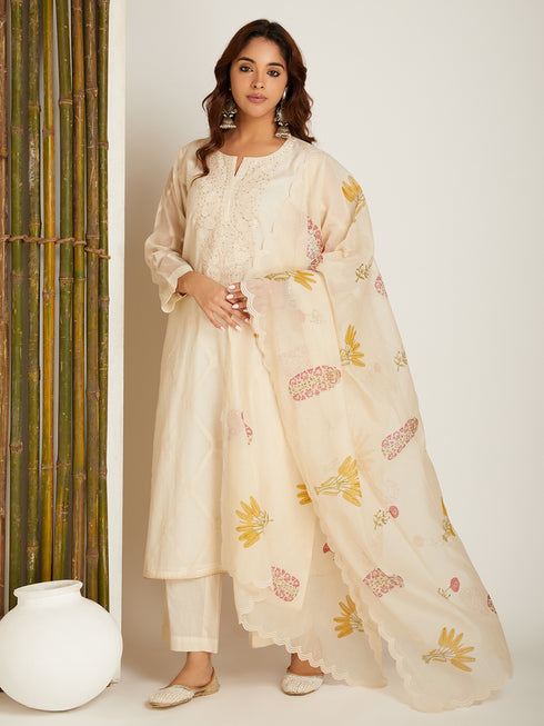 JAMDANI KURTA SET LONG WHITE