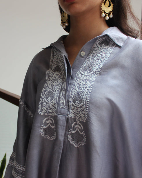 COLLARED SHORT KURTA - GREY