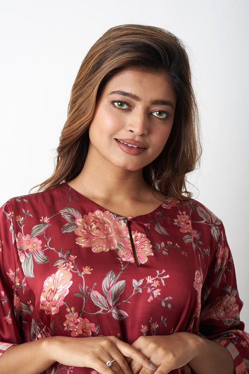 FLORAL AND STRIPES CO-ORD SET - MAROON