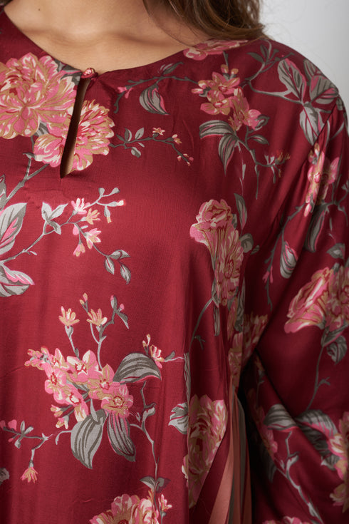 FLORAL AND STRIPES CO-ORD SET - MAROON
