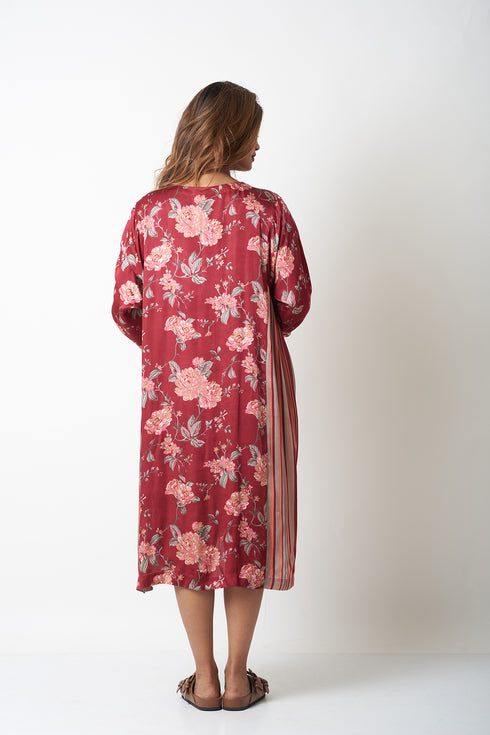 STRIPES AND FLORAL DRESS - MAROON