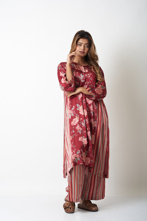 FLORAL AND STRIPES CO-ORD SET - MAROON