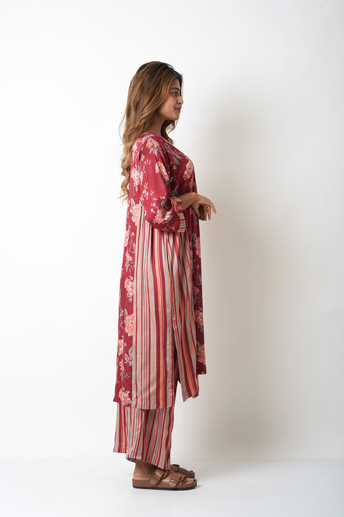FLORAL AND STRIPES CO-ORD SET - MAROON