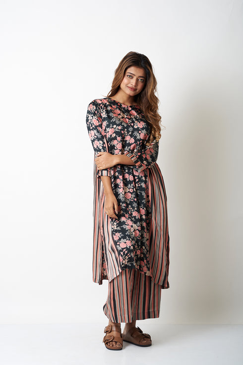 FLORAL AND STRIPES CO-ORD SET - BLACK