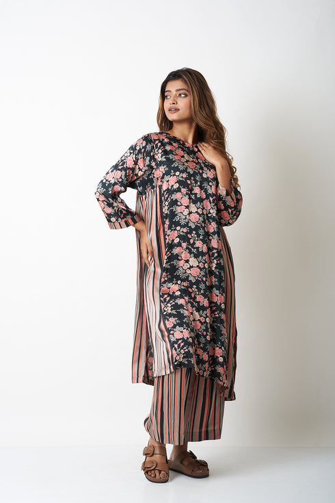 FLORAL AND STRIPES CO-ORD SET - BLACK