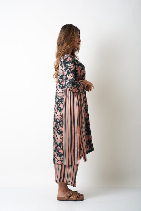 FLORAL AND STRIPES CO-ORD SET - BLACK