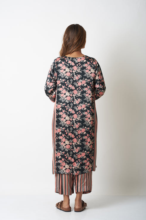 FLORAL AND STRIPES CO-ORD SET - BLACK
