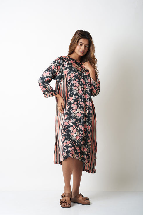 STRIPES AND FLORAL DRESS - BLACK