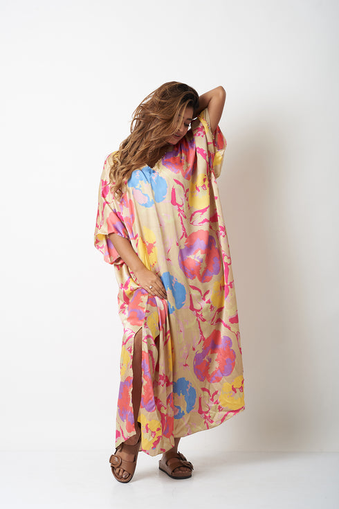 SIDE GATHERED LONG KAFTAN - MULTICOLOUR
