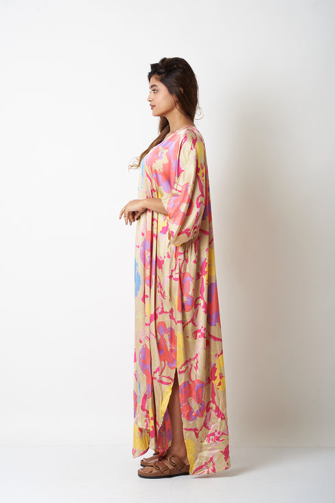 SIDE GATHERED LONG KAFTAN - MULTICOLOUR