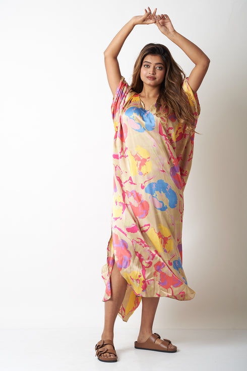 SIDE GATHERED LONG KAFTAN - MULTICOLOUR