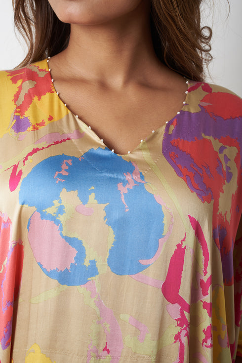 SIDE GATHERED LONG KAFTAN - MULTICOLOUR