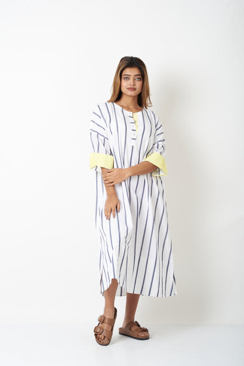 STRIPED SHIRT DRESS WITH YELLOW PATTI