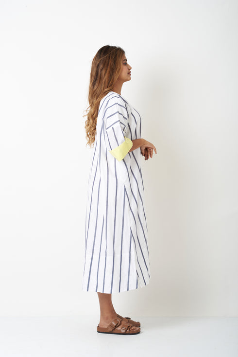 STRIPED SHIRT DRESS WITH YELLOW PATTI