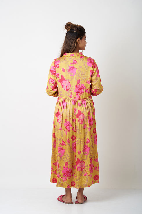 WAIST GATHER COLLAR DRESS - YELLOW