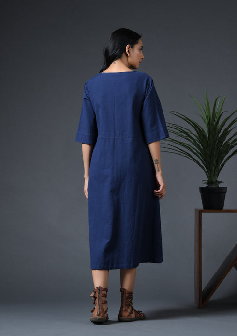 SCOOP PLACKET DRESS- NAVY