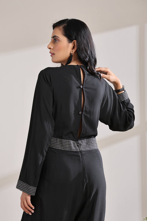 BELTED CHECK JUMPSUIT