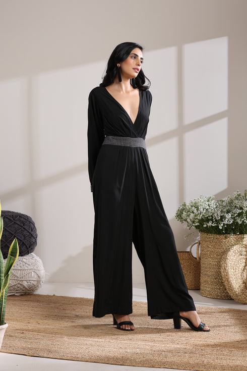BELTED CHECK JUMPSUIT