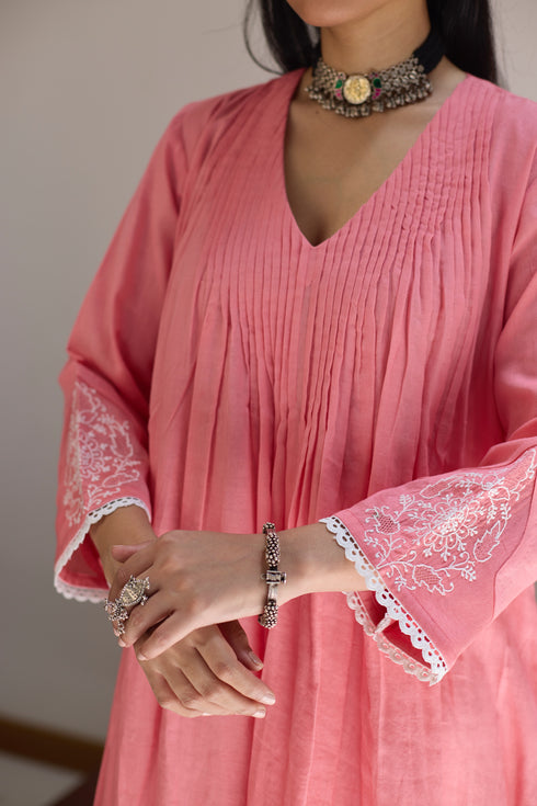 PINTUCKS BACK YOKE KURTA - PINK