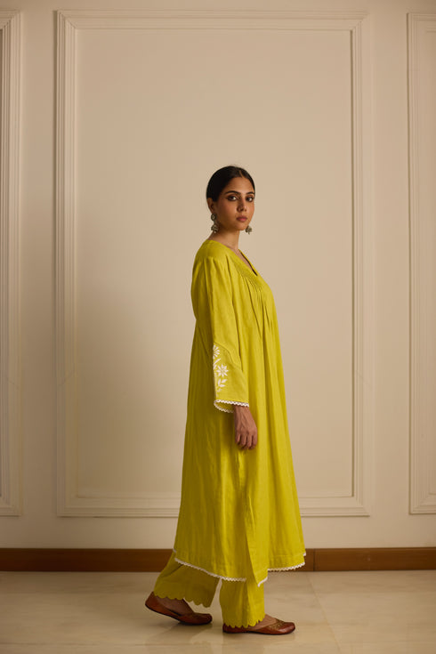 PINTUCKS BACK YOKE KURTA - YELLOW