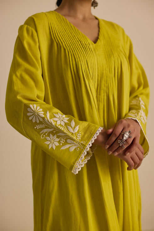 PINTUCKS BACK YOKE KURTA - YELLOW