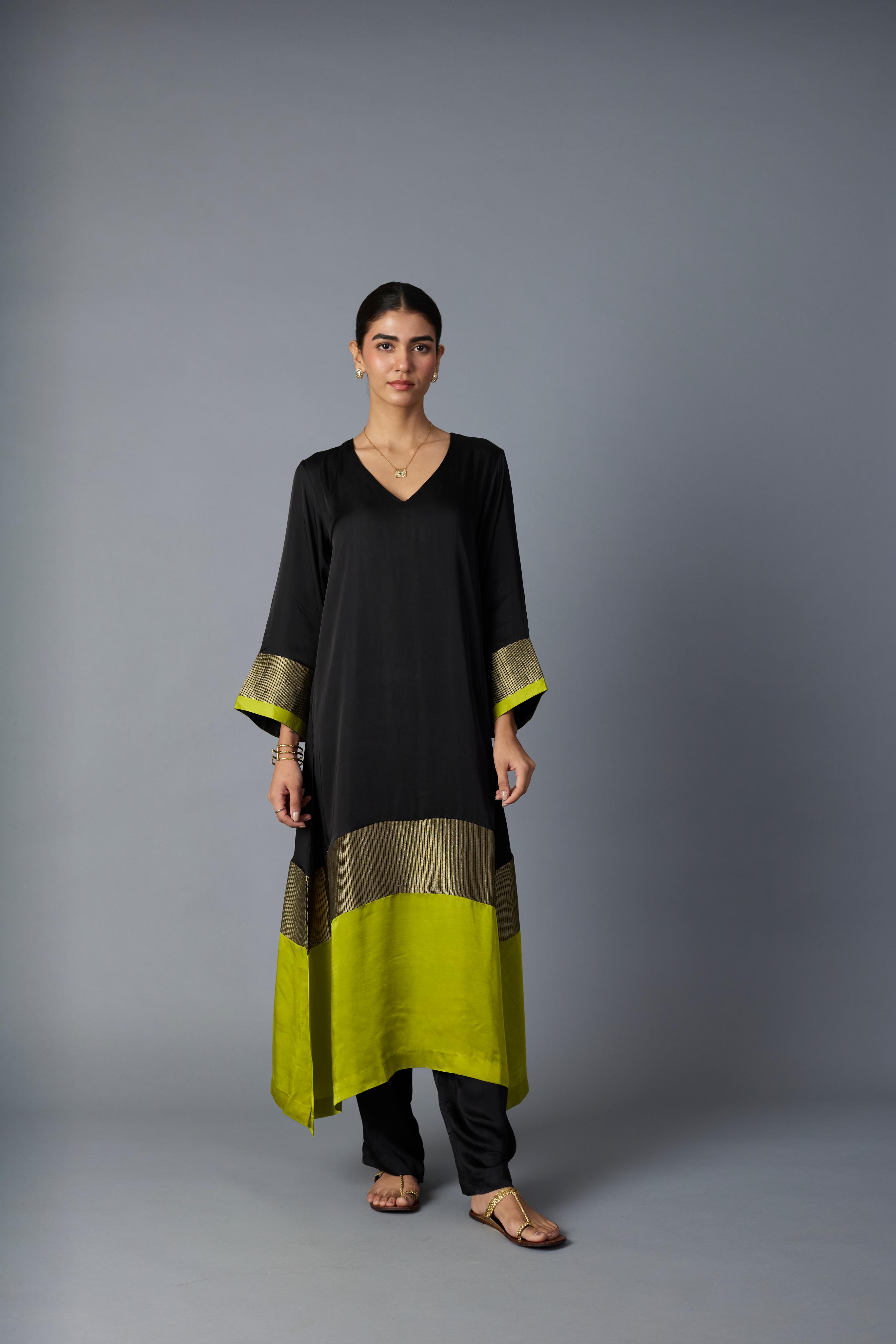 HEENA KAFTAN -BLACK & LIME GREEN (Kurta Only)