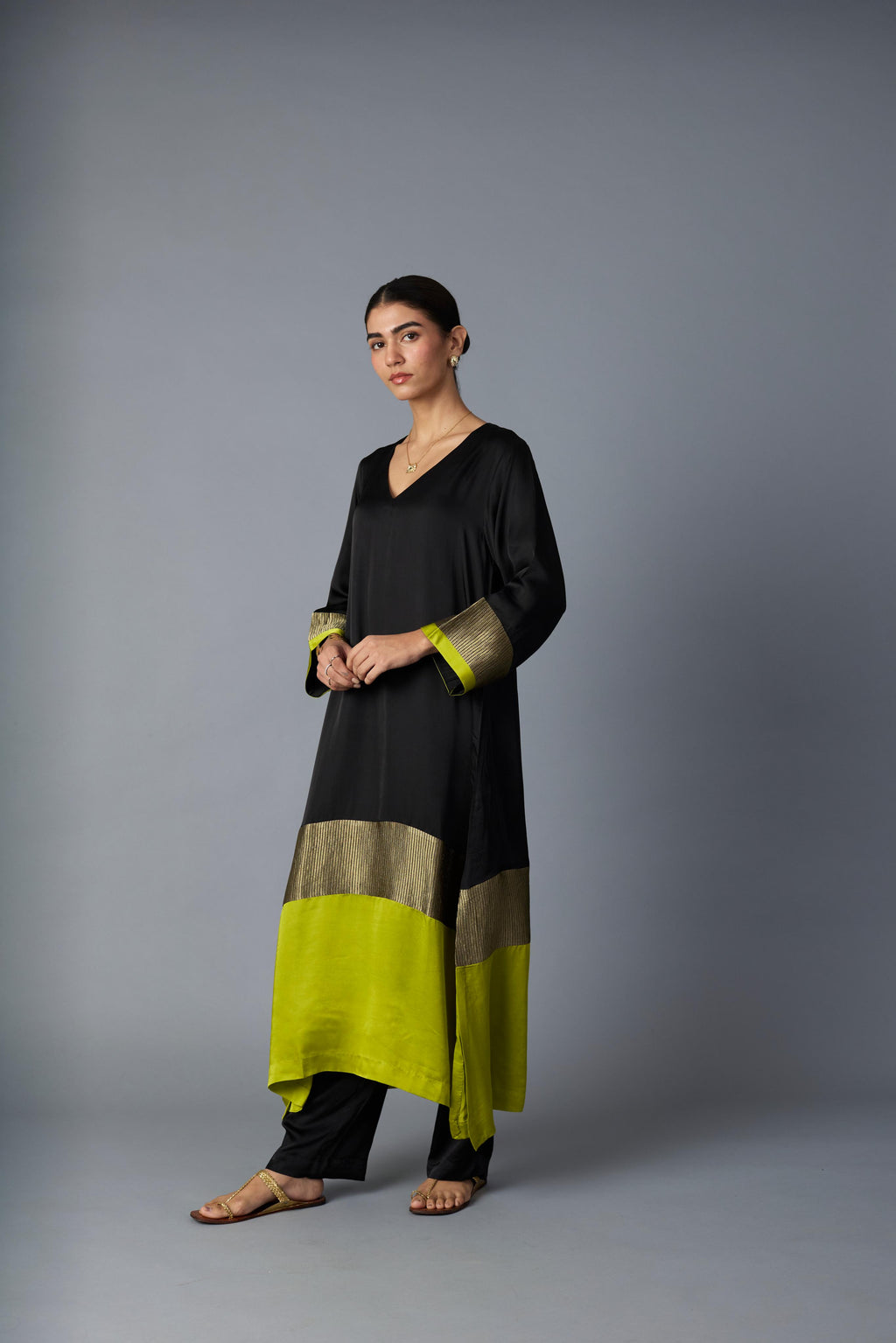HEENA KAFTAN -BLACK & LIME GREEN (Kurta Only)