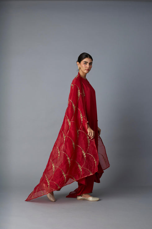 SABAH KALIDAR KURTA SET- DEEP RED