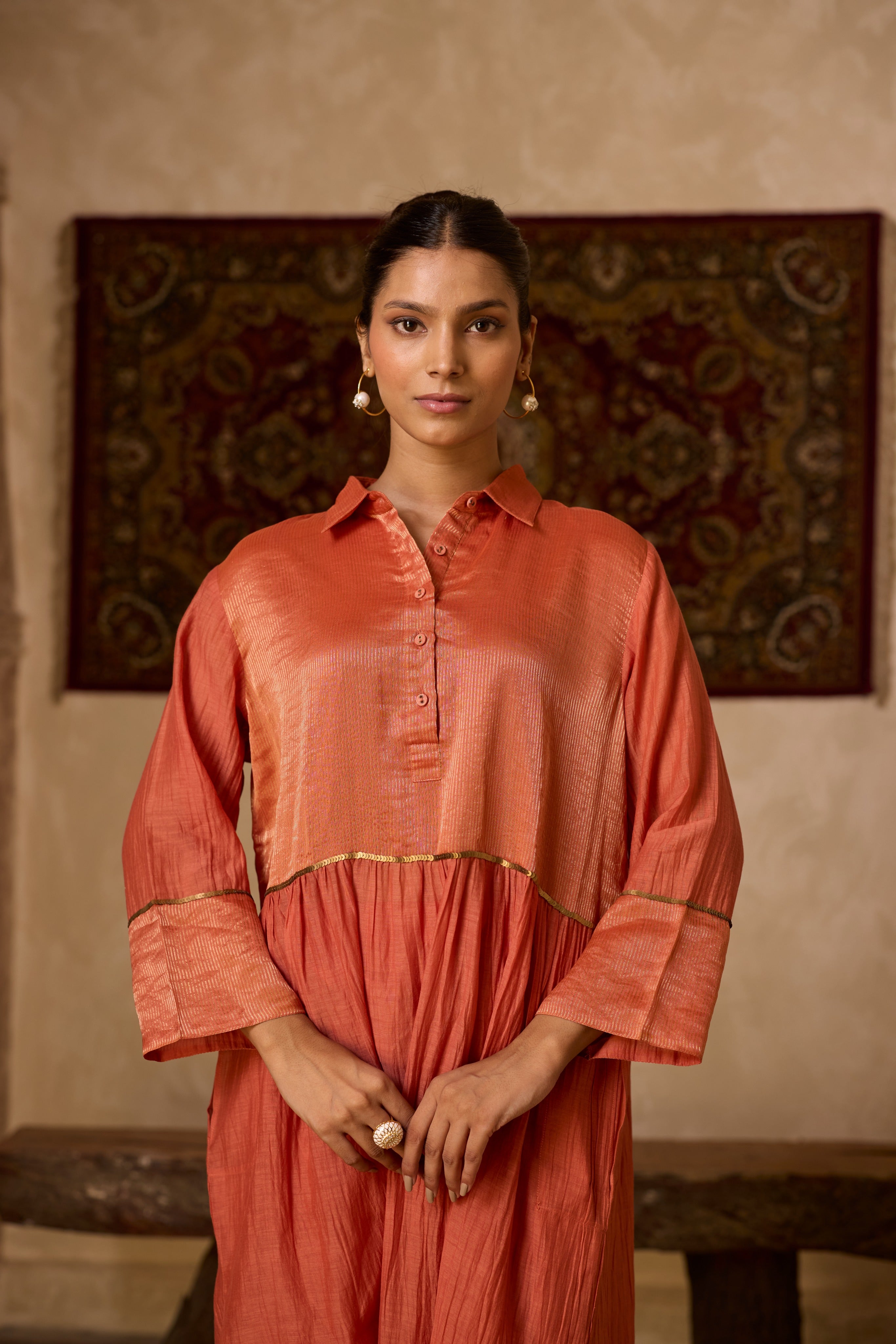 RUST STRIPED KURTA SET