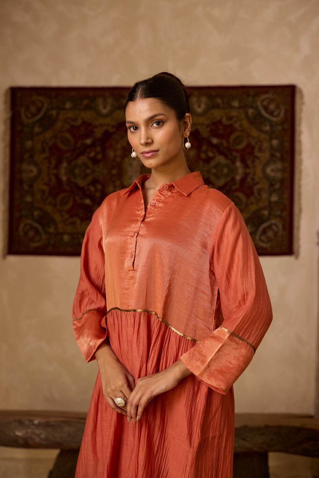 RUST STRIPED KURTA SET
