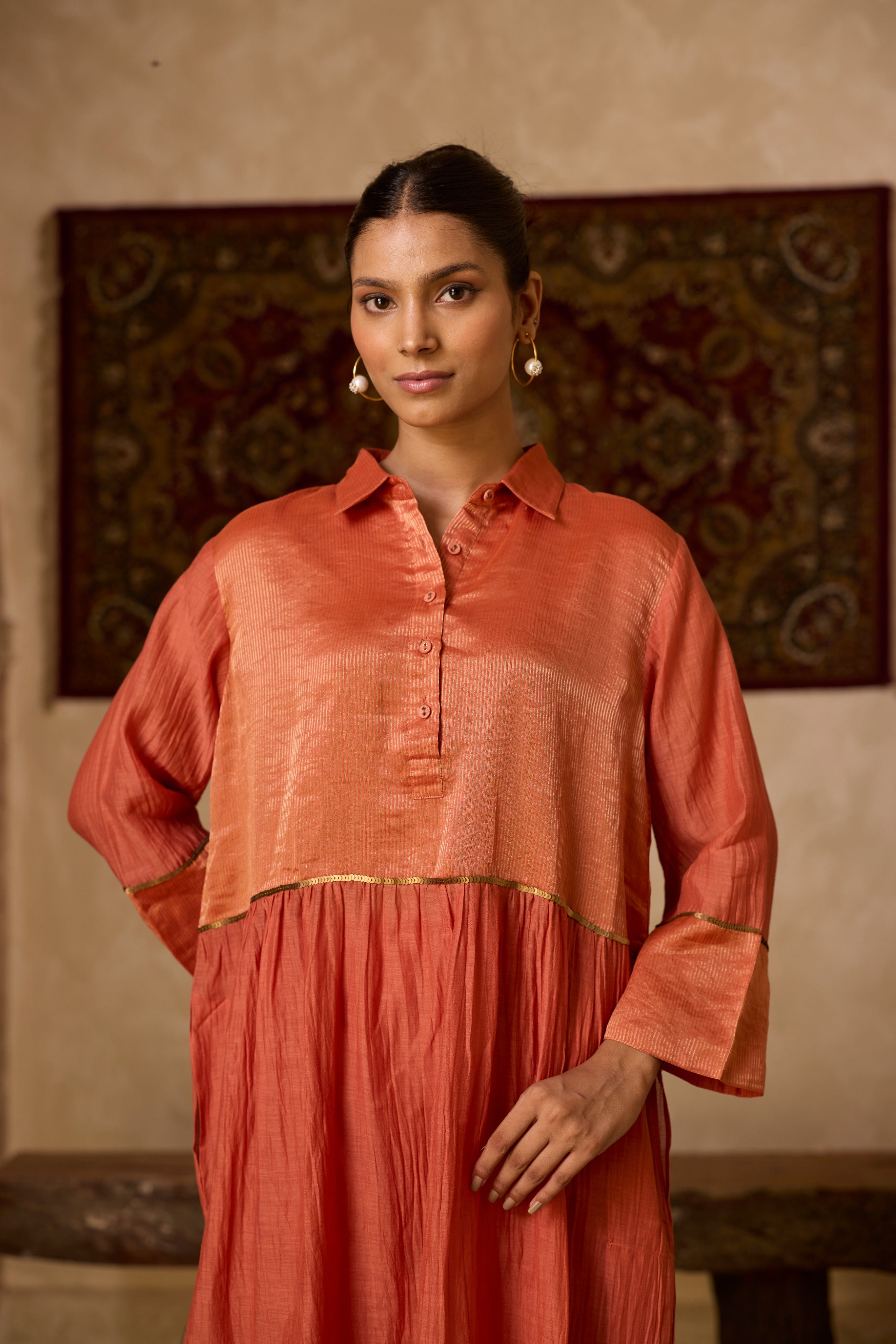 RUST STRIPED KURTA SET
