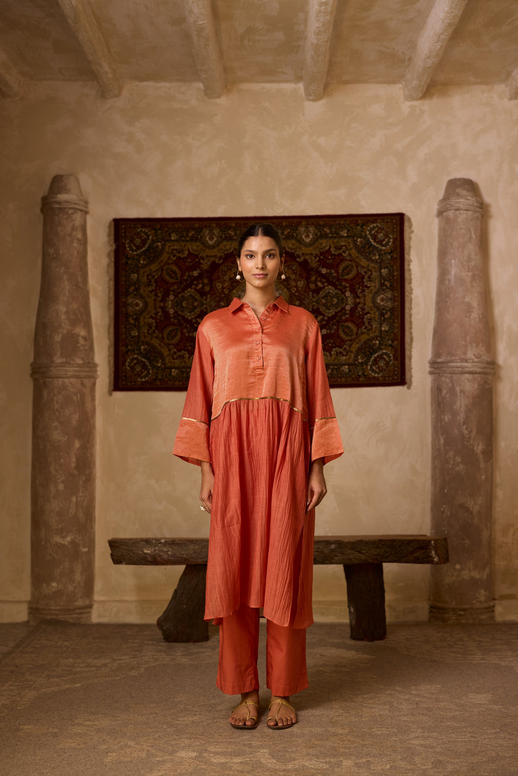 RUST STRIPED KURTA SET