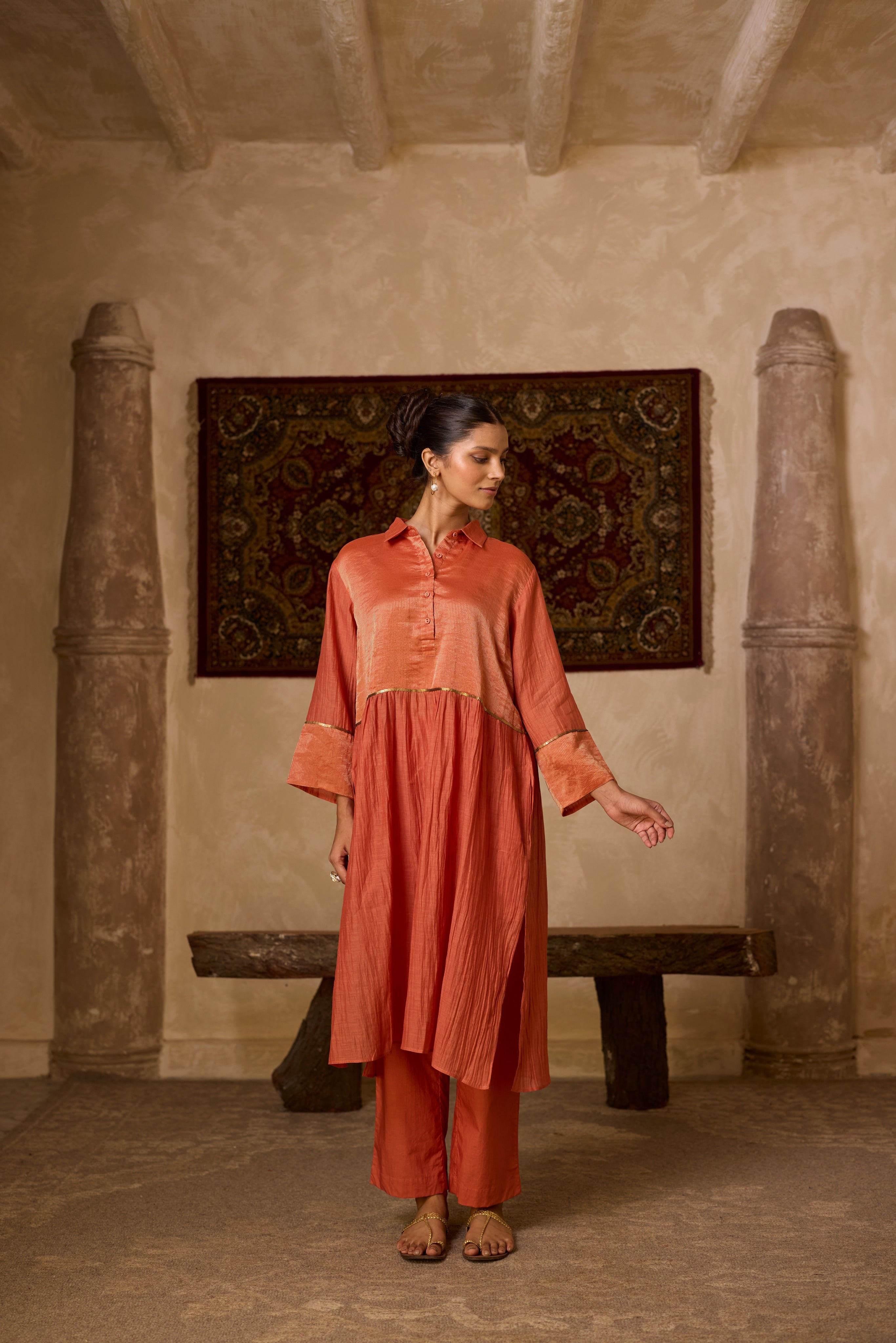 RUST STRIPED KURTA SET