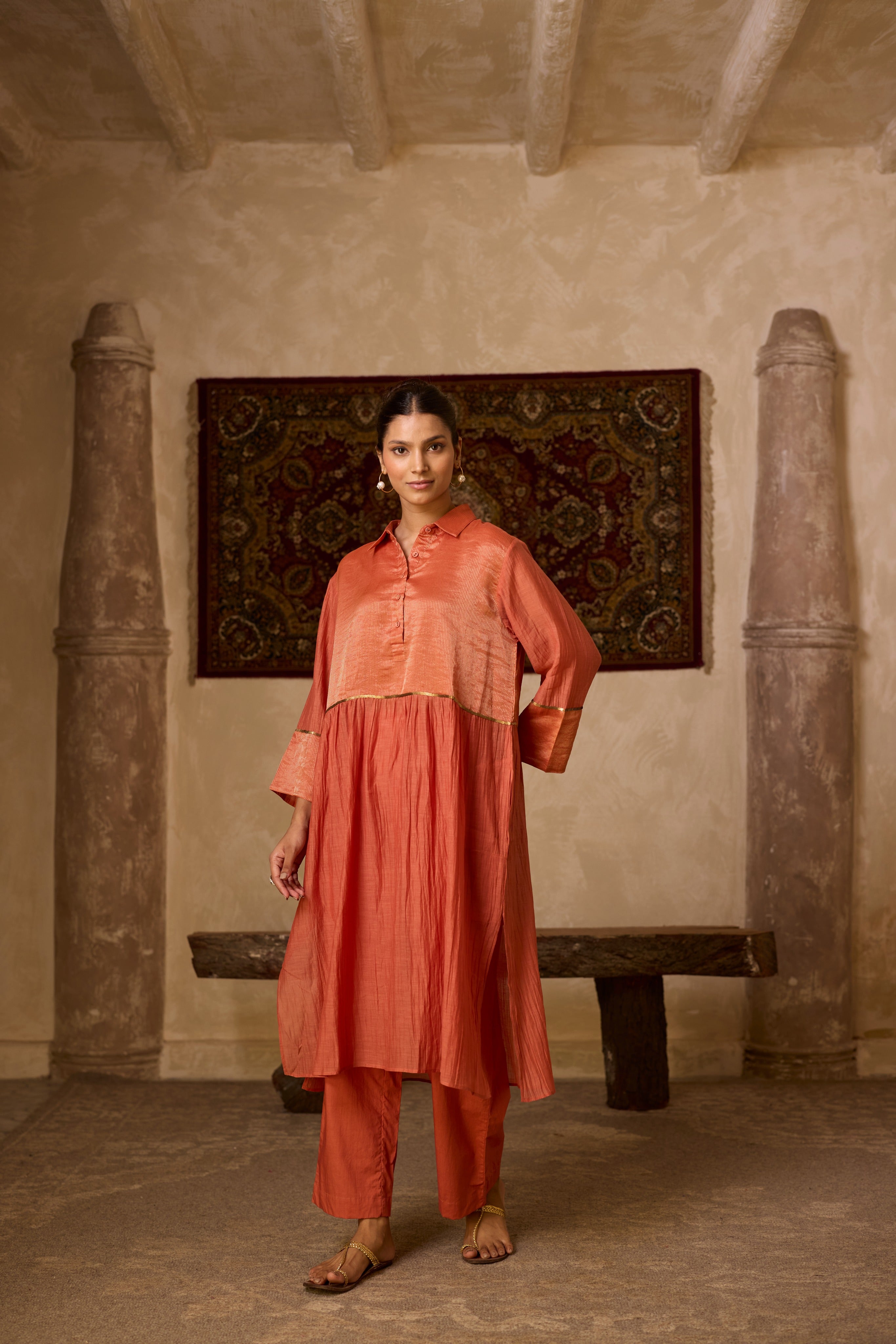 RUST STRIPED KURTA SET