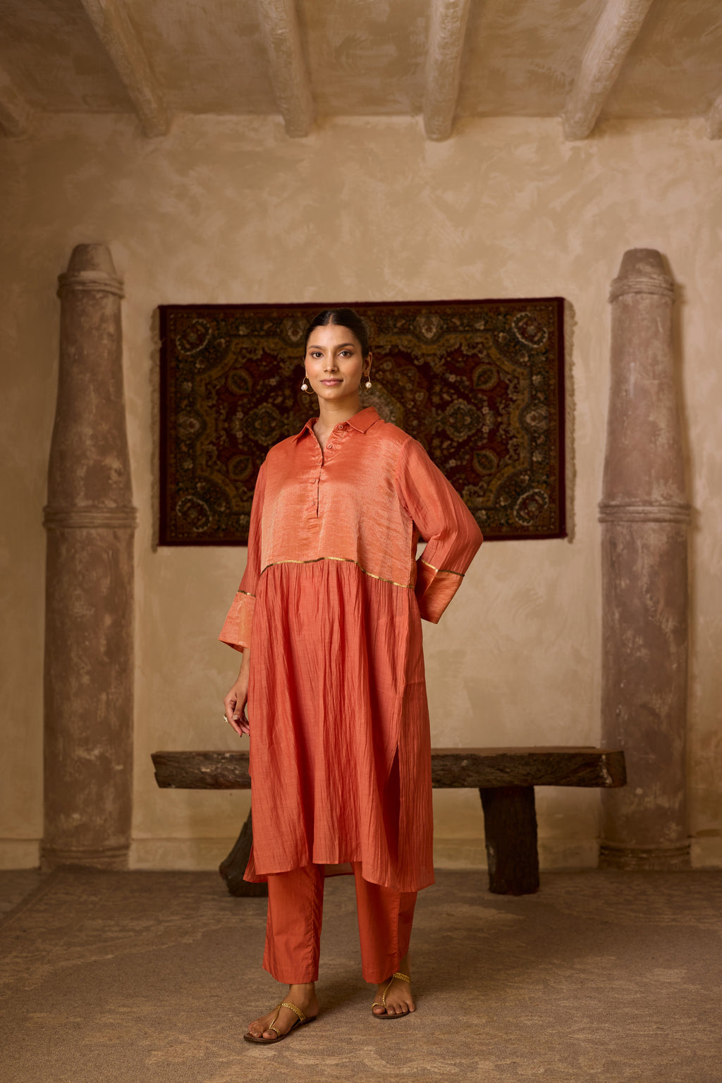 RUST STRIPED KURTA SET
