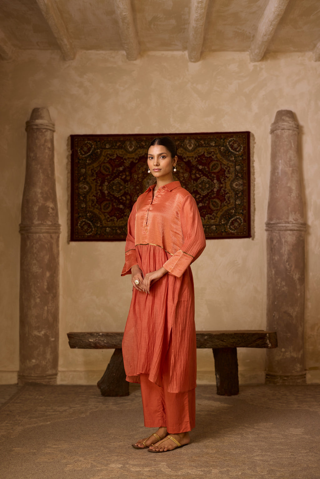 RUST STRIPED KURTA SET