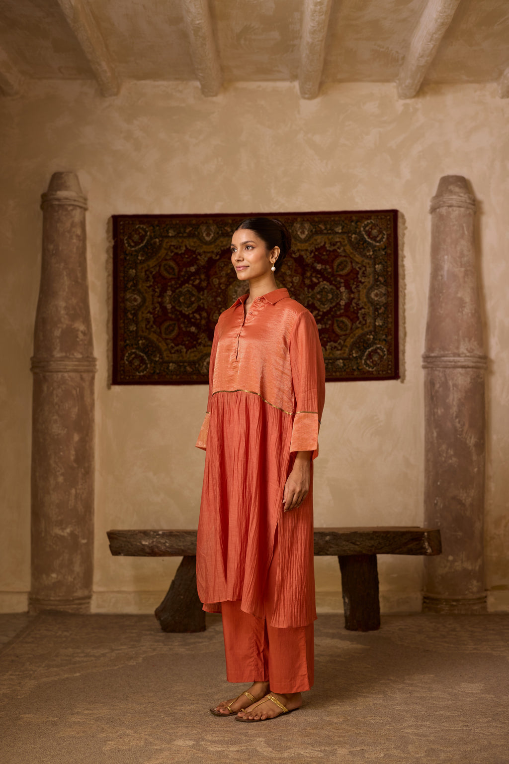 RUST STRIPED KURTA SET