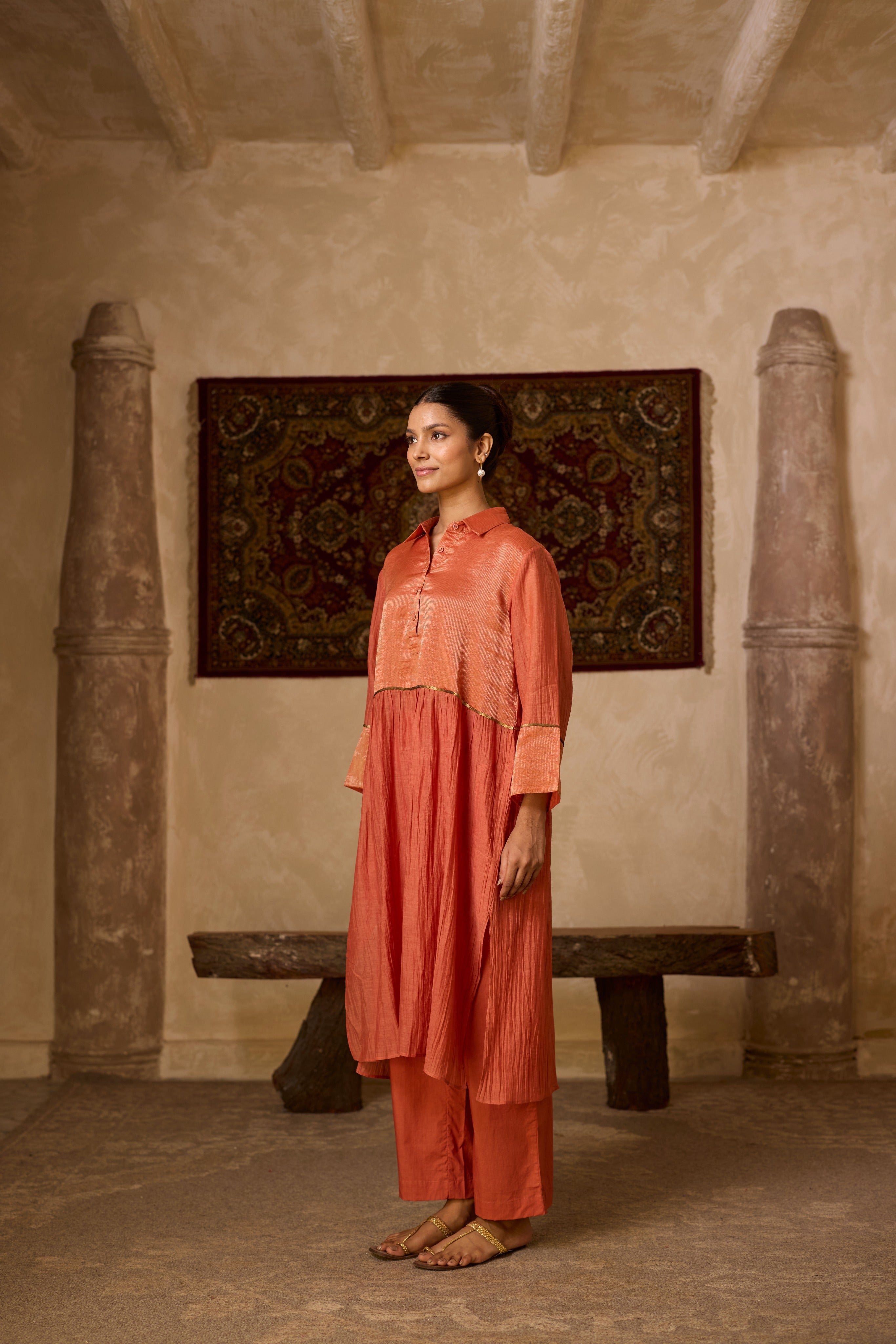 RUST STRIPED KURTA SET