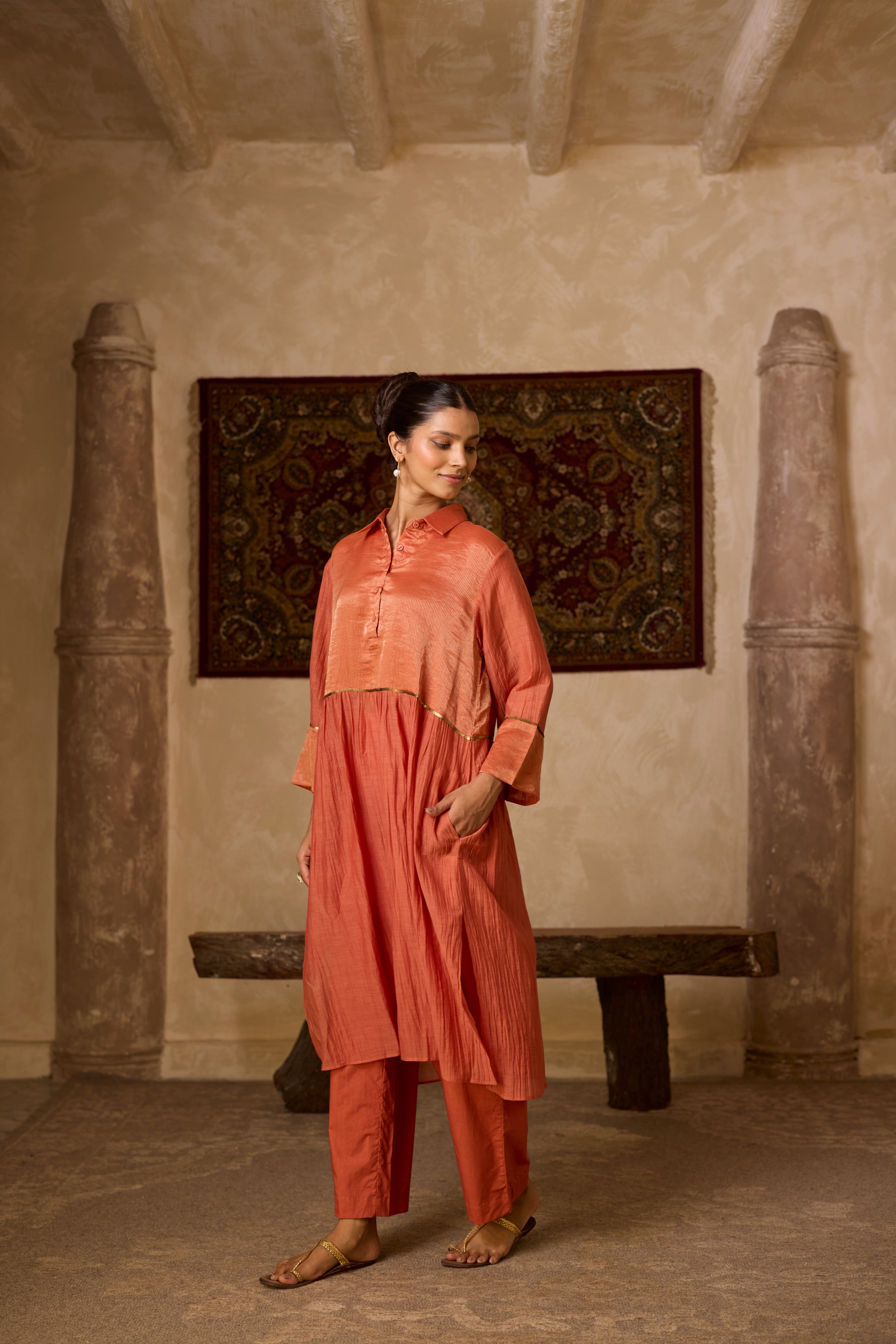 RUST STRIPED KURTA SET