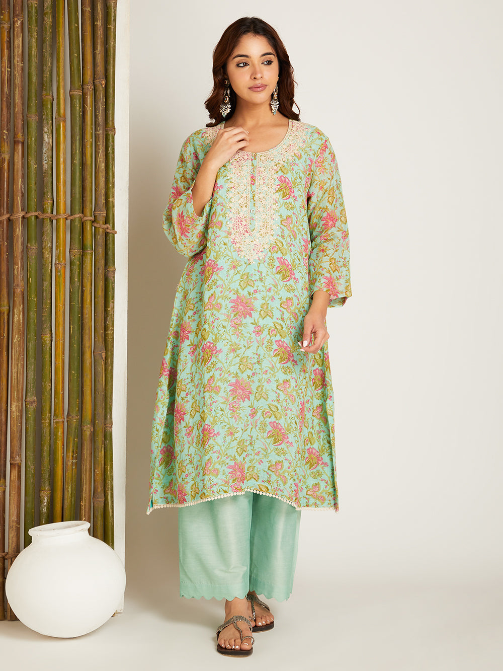 LINEN KURTA SET MINT GREEN