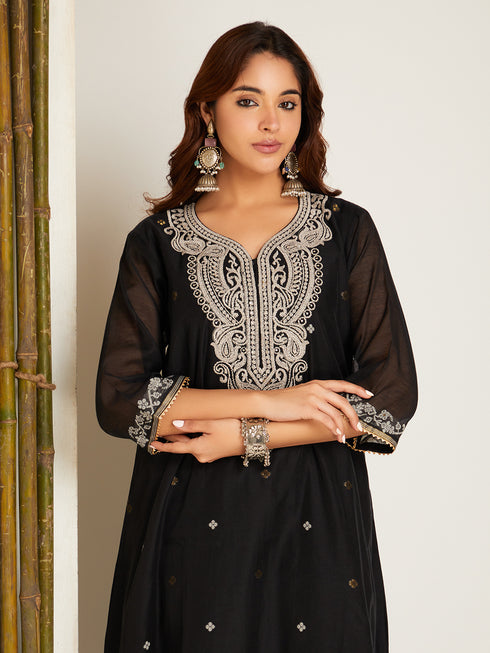 BLACK LONG JAMDANI KURTA SET