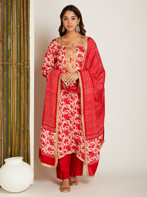 SATIN KURTA SET RED