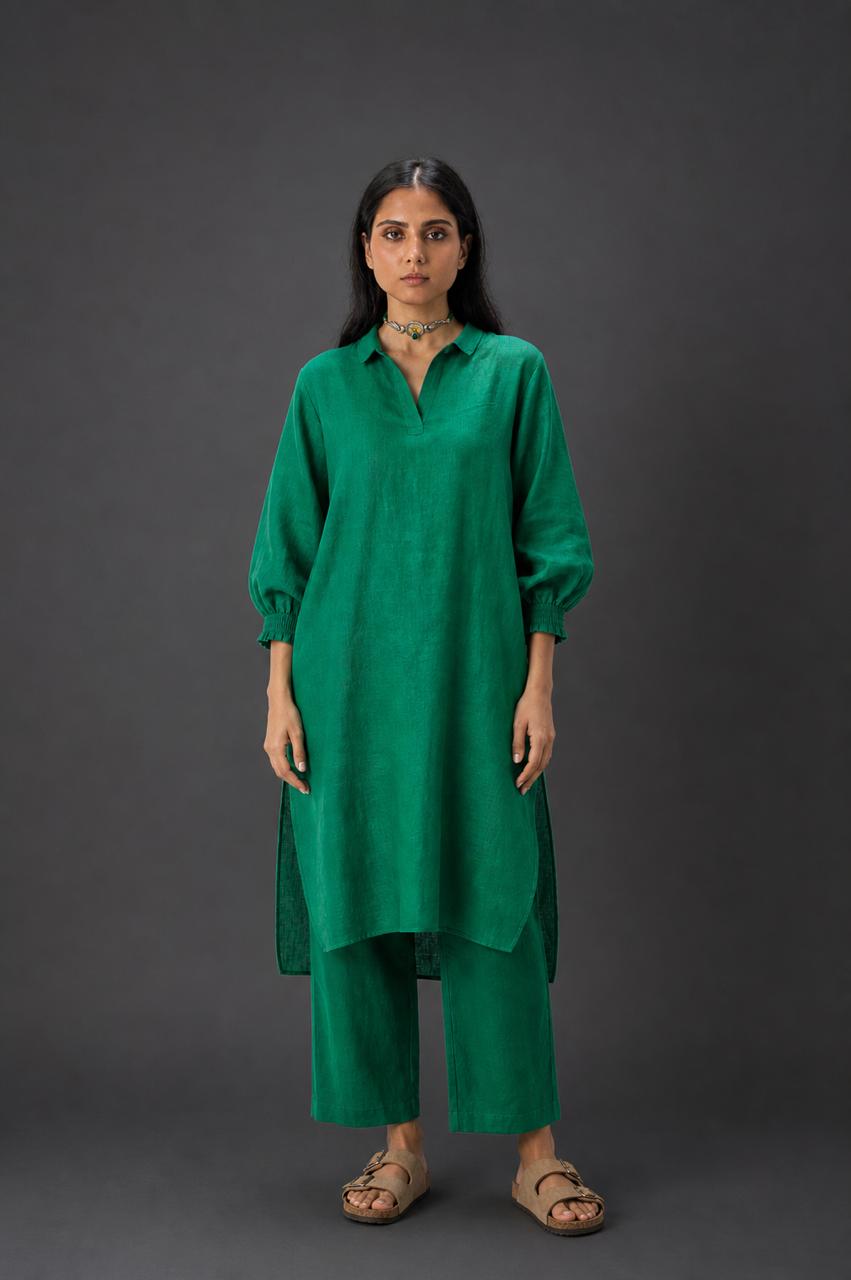 COLLAR LINEN CO-ORD SET - GREEN
