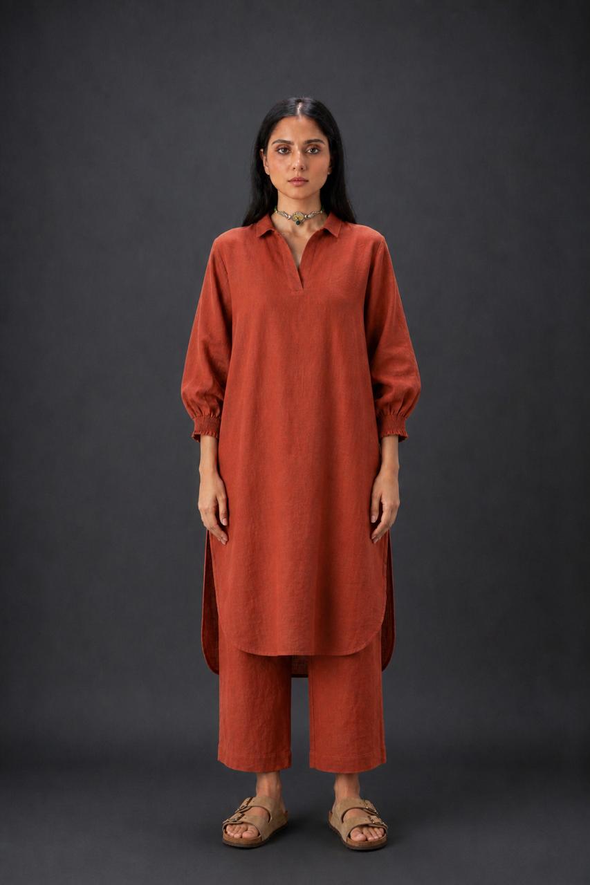 COLLAR LINEN CO-ORD SET - RUST