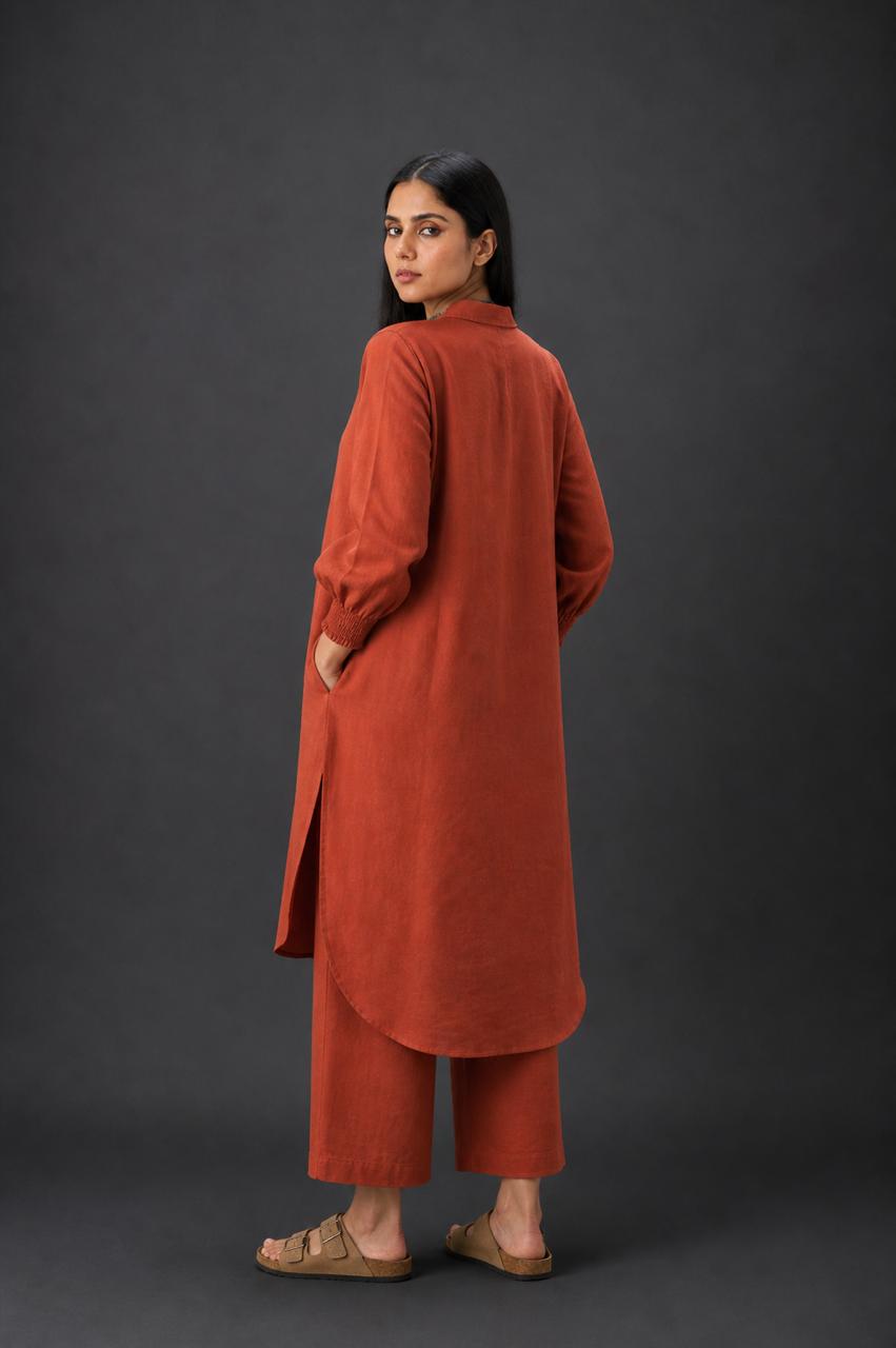 COLLAR LINEN CO-ORD SET - RUST