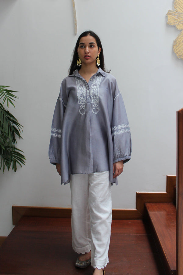 COLLARED SHORT KURTA - GREY