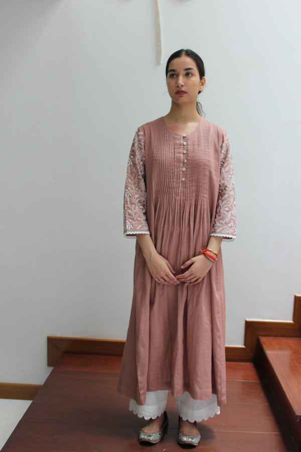 FRONT PINTUCKS AND BACK YOKE KURTA - ROSE