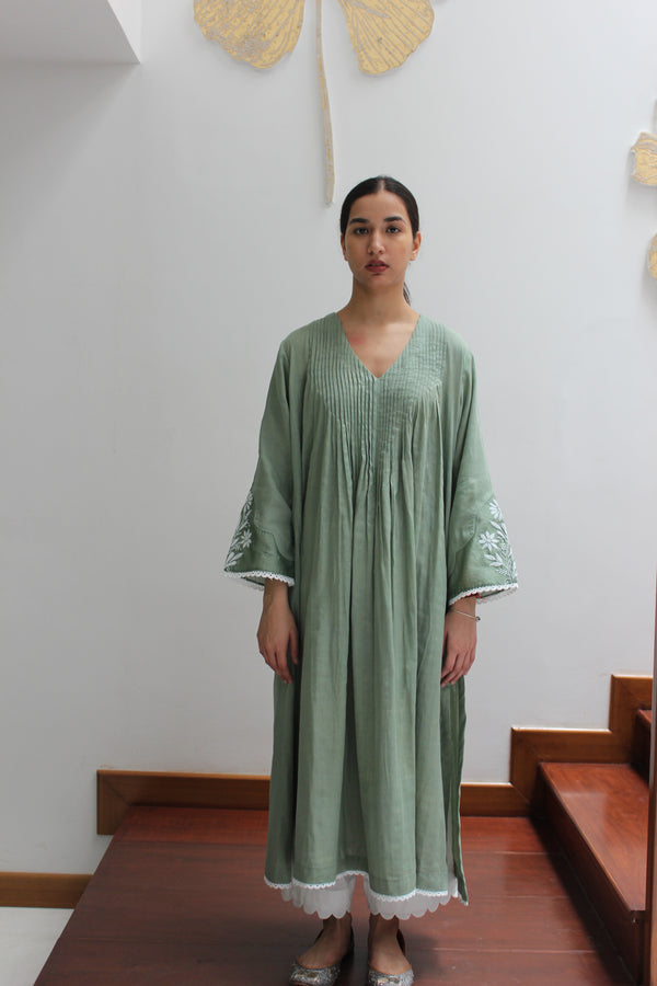 PINTUCKS BACK YOKE KURTA - GREEN